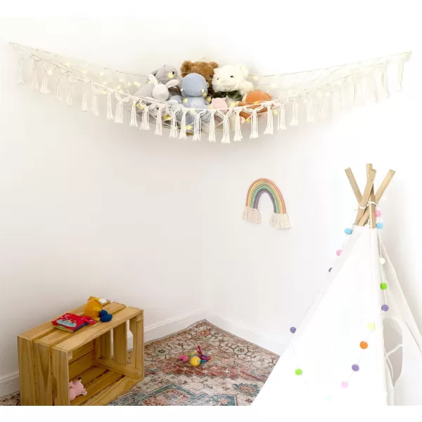 Mkono Stuffed Animal Net or Hammock Boho Toy Storage Holder Hanging Organizer with Decorative Tassels and Lights Large Corner Plush Net Toys Display Hammock for Nursery Kid Room Playroom IvoryIvory