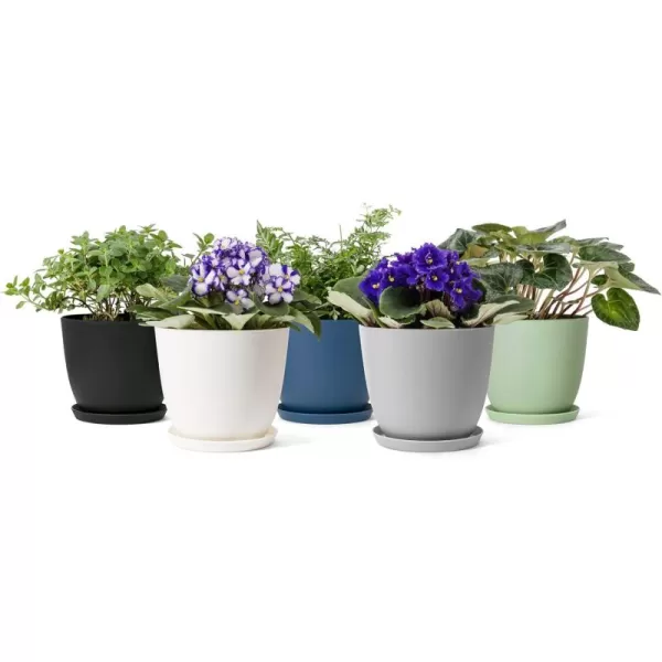 Mkono 65quot Plastic Planters with Saucers Indoor Set of 5 Flower Plant Pots with Drainage for All House Plants Herbs Foliage Plant and Seeding Nursery Cream WhiteMulticolor