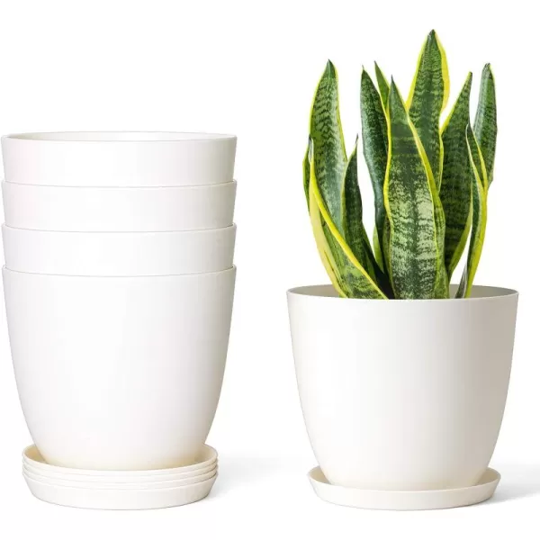 Mkono 65quot Plastic Planters with Saucers Indoor Set of 5 Flower Plant Pots with Drainage for All House Plants Herbs Foliage Plant and Seeding Nursery Cream WhiteCream White