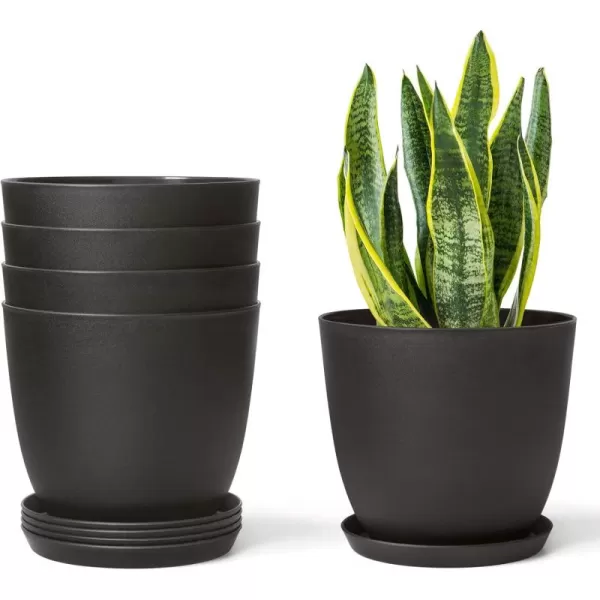 Mkono 65quot Plastic Planters with Saucers Indoor Set of 5 Flower Plant Pots with Drainage for All House Plants Herbs Foliage Plant and Seeding Nursery Cream WhiteBlack