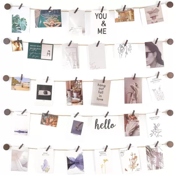 Mkono Hanging Photo Display Pictures Wall Decor 5 Jute Strings with 30 Clips Multi Pictures Cards Holder Teen Girl Room Wall Art for Bedroom Nursery Dorm Room Birthday Christmas Gift
