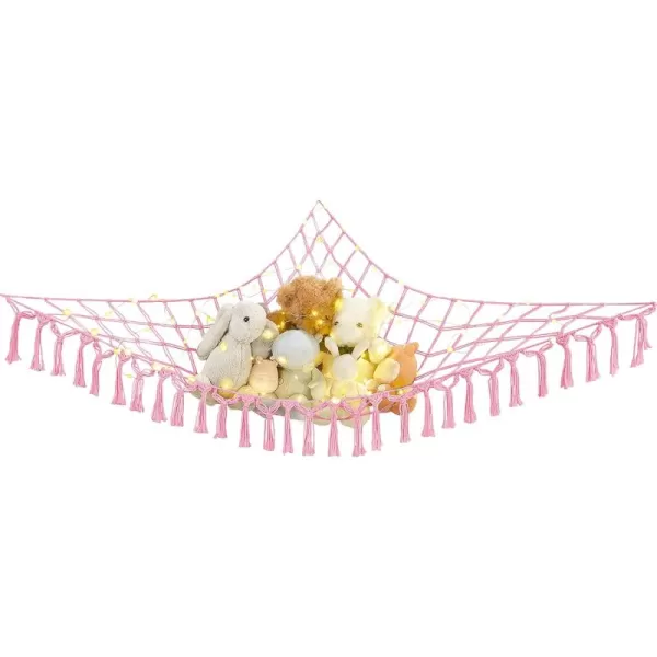 Mkono Stuffed Animal Net or Hammock Boho Toy Storage Holder Hanging Organizer with Decorative Tassels and Lights Large Corner Plush Net Toys Display Hammock for Nursery Kid Room Playroom IvoryPink