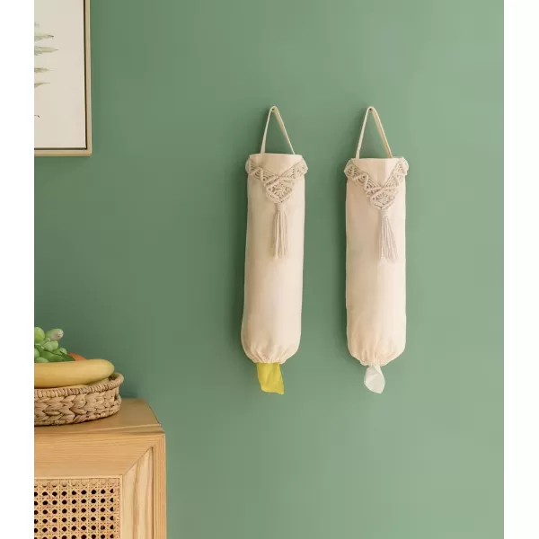 Mkono 2 Pack Macrame Plastic Bag Holder Grocery Bags Organizer Trash Bag Dispenser Camper Boho Decor Shopping Bag Storage for Kitchen Closet Pantry Laundry Room Ivory 63W x 157LSmall