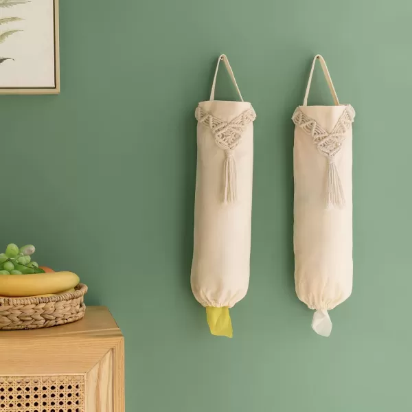 Mkono 2 Pack Macrame Plastic Bag Holder Grocery Bags Organizer Trash Bag Dispenser Camper Boho Decor Shopping Bag Storage for Kitchen Closet Pantry Laundry Room Ivory 63W x 157LMedium
