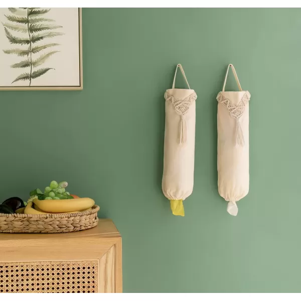 Mkono 2 Pack Macrame Plastic Bag Holder Grocery Bags Organizer Trash Bag Dispenser Camper Boho Decor Shopping Bag Storage for Kitchen Closet Pantry Laundry Room Ivory 63W x 157LSmall