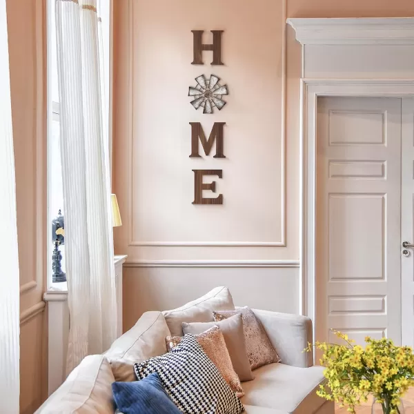 Mkono Farmhouse Wall Decor Wooden Home Sign with Metal Windmill for O Rustic Hanging Letters Decorative Wall Art Decor Signs for Living Room Kitchen Bedroom Entryway HouseBrown