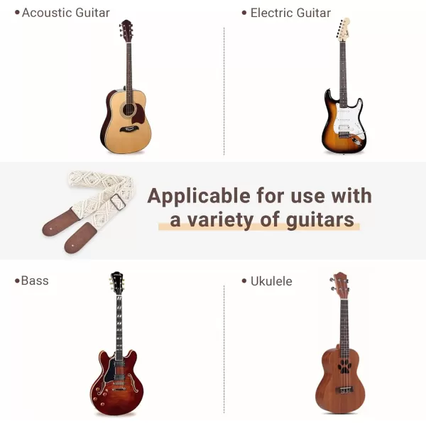 Mkono Guitar Strap Adjustable Boho Woven Cotton Straps with Leather Ends for Electric Acoustic Bass Guitar Ukulele Crossbody Strap with 2 Locks and 3 Picks Gifts for Kids Guitar Players Ivory