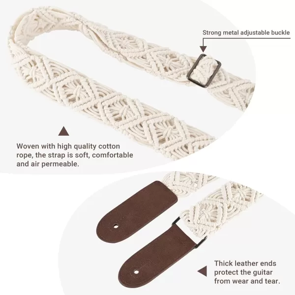 Mkono Guitar Strap Adjustable Boho Woven Cotton Straps with Leather Ends for Electric Acoustic Bass Guitar Ukulele Crossbody Strap with 2 Locks and 3 Picks Gifts for Kids Guitar Players Ivory