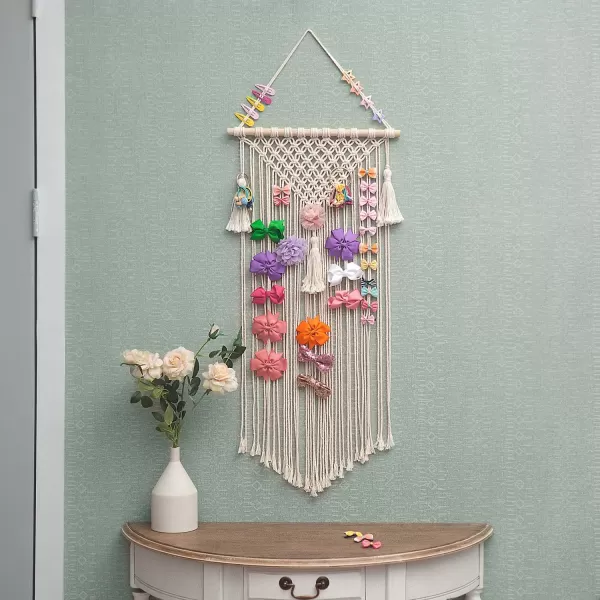 Mkono Macrame Hair Bow Holder Hanging Hair Clips Hanger Headband Storage Organizer Fringe Boho Wall Decor Tassels Bow Organizer for Baby Girls Room Ornament GiftIvoryClips Not Included