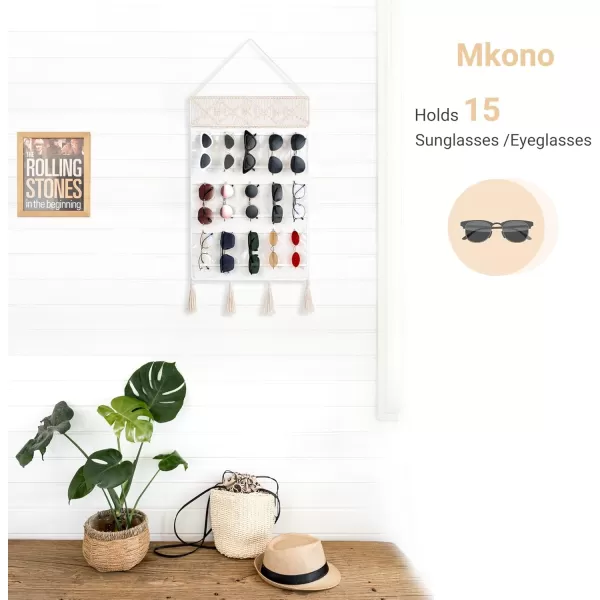 Mkono Sunglasses Organizer Holder Macrame Hanging Glasses Storage Organizer Boho with 15 Pockets and Decorative Tassels Decor Woven Eyewear Display for Wall and Door