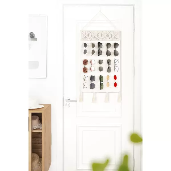 Mkono Sunglasses Organizer Holder Macrame Hanging Glasses Storage Organizer Boho with 15 Pockets and Decorative Tassels Decor Woven Eyewear Display for Wall and Door