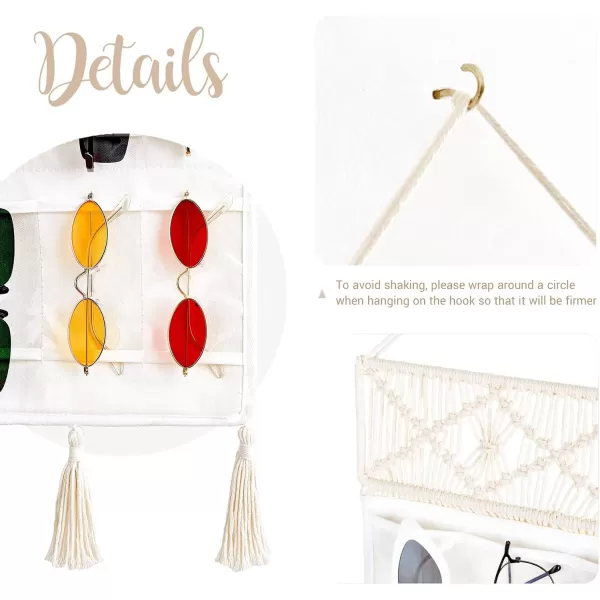Mkono Sunglasses Organizer Holder Macrame Hanging Glasses Storage Organizer Boho with 15 Pockets and Decorative Tassels Decor Woven Eyewear Display for Wall and Door