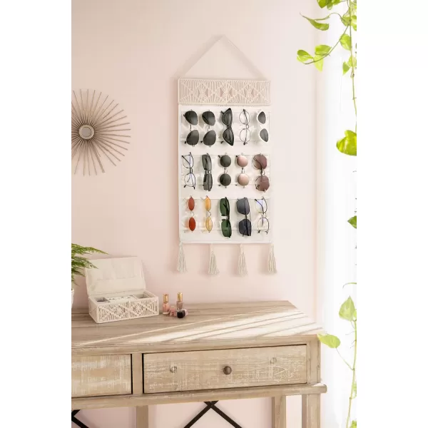 Mkono Sunglasses Organizer Holder Macrame Hanging Glasses Storage Organizer Boho with 15 Pockets and Decorative Tassels Decor Woven Eyewear Display for Wall and Door