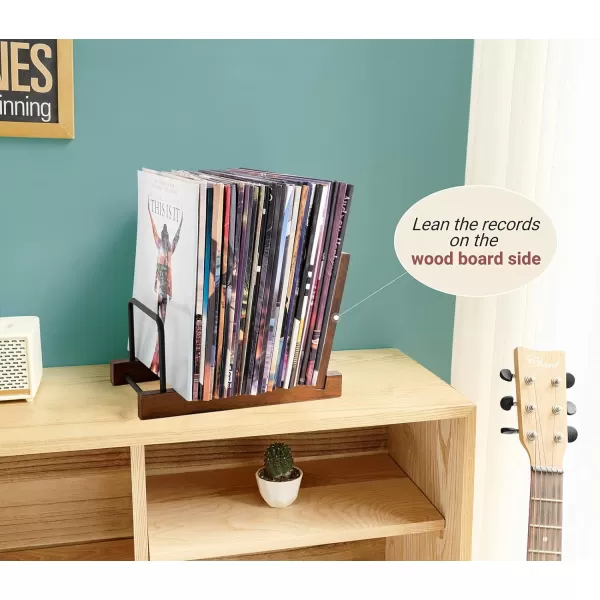 Mkono Vinyl Record Storage Holder Modern Album Display Solid Wood Stand with Black Metal Rack Farmhouse Home Decor Organizer for Vinyl Record Holds up to 30 Albums 118L x 7W x 87H Brown