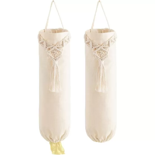 Mkono 2 Pack Macrame Plastic Bag Holder Grocery Bags Organizer Trash Bag Dispenser Camper Boho Decor Shopping Bag Storage for Kitchen Closet Pantry Laundry Room Ivory 63W x 157LSmall