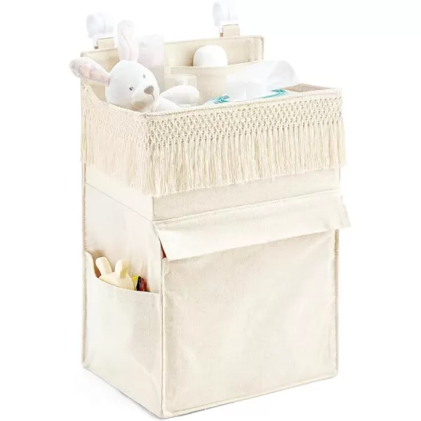 Mkono Diaper Organizer Caddy Macrame Hanging Baby Diaper Storage for Crib Changing Table Essentials Bag Boho Decor Diaper Stacker Holder for Nursery Bedroom Newborn Gift Ivory