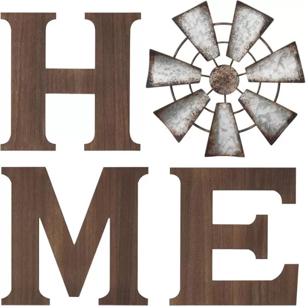Mkono Farmhouse Wall Decor Wooden Home Sign with Metal Windmill for O Rustic Hanging Letters Decorative Wall Art Decor Signs for Living Room Kitchen Bedroom Entryway HouseBrown
