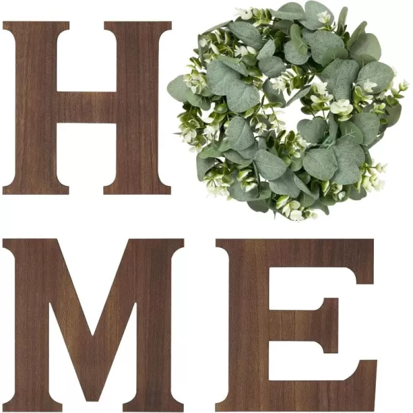 Mkono Farmhouse Wall Home Sign with Artificial Eucalyptus for O Rustic Wooden Hanging Letters Decorative Wall Art Decor for Living Room Kitchen Entryway Housewarming Gift BrownBrown