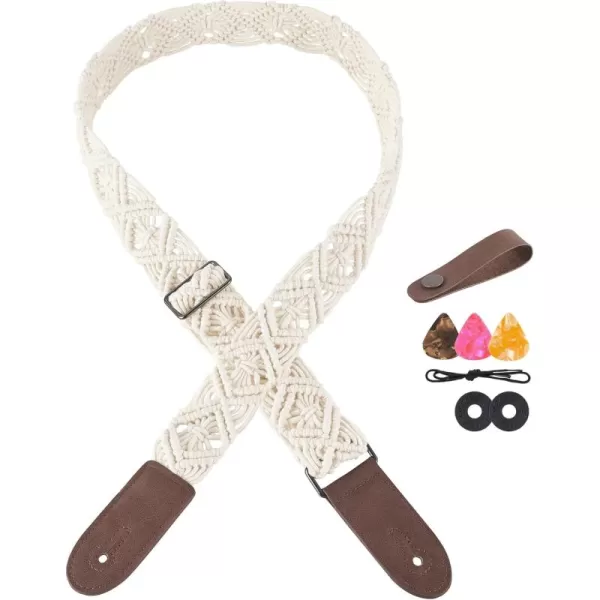Mkono Guitar Strap Adjustable Boho Woven Cotton Straps with Leather Ends for Electric Acoustic Bass Guitar Ukulele Crossbody Strap with 2 Locks and 3 Picks Gifts for Kids Guitar Players Ivory