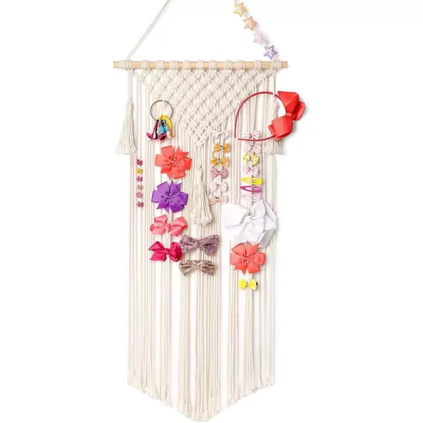 Mkono Macrame Hair Bow Holder Hanging Hair Clips Hanger Headband Storage Organizer Fringe Boho Wall Decor Tassels Bow Organizer for Baby Girls Room Ornament GiftIvoryClips Not Included