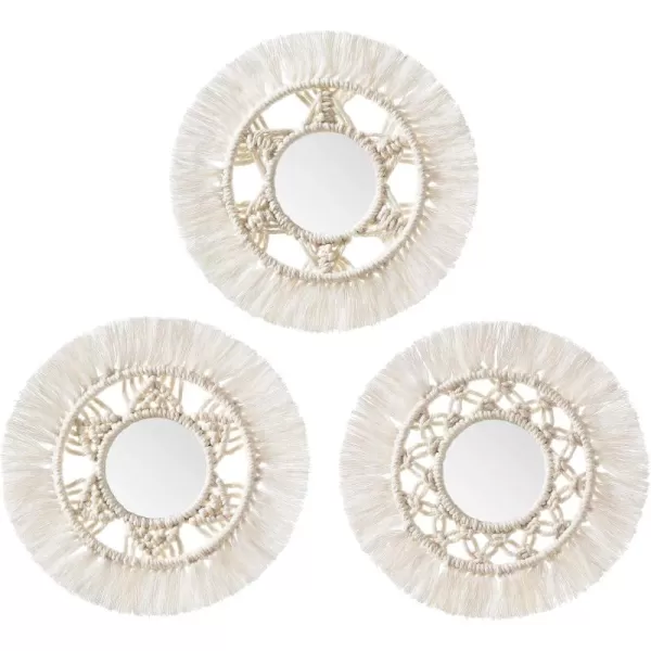 Mkono Mini Round Wall Mirror with Macrame Fringe Set of 3 Small Wall Hanging Circle Mirror Boho Home Decor for Apartment Living Room Bedroom Baby NurseryBeautiful Gift Ideas 4D SmallXSmall