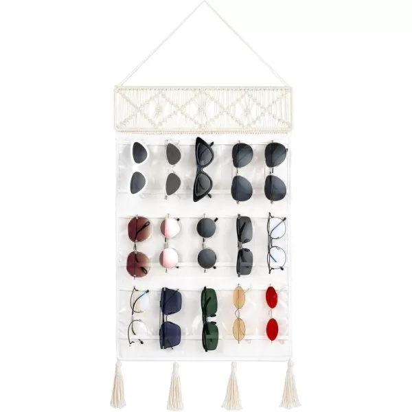 Mkono Sunglasses Organizer Holder Macrame Hanging Glasses Storage Organizer Boho with 15 Pockets and Decorative Tassels Decor Woven Eyewear Display for Wall and Door