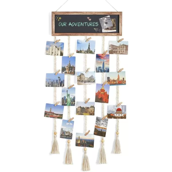 Mkono Wood Hanging Picture Collage for Wall Decor Rustic Photo Board with 4pcs Interchangeable Seasonal Cards and 30 Clips for Dorm Room Decor Unique Gift Idea