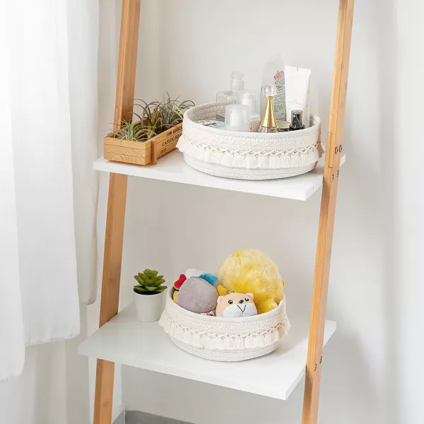 Mkono 2 Pack Macrame Storage Baskets Decorative Woven Cotton Rope Basket for Shelves Countertop Organizer Boho Decor for Organizing Living Room Bedroom Entryway