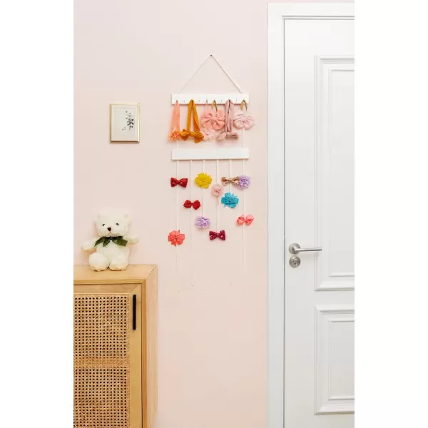 Mkono Bow Organizer for Girls Hair Bows Hanging Bow Holder Hair Clip Headband Storage Rack with 10 Hooks Modern Wooden Kids Hair Accessories Organizer for Baby Girl Room Decor White