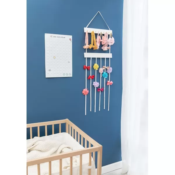 Mkono Bow Organizer for Girls Hair Bows Hanging Bow Holder Hair Clip Headband Storage Rack with 10 Hooks Modern Wooden Kids Hair Accessories Organizer for Baby Girl Room Decor White