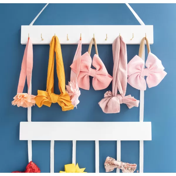 Mkono Bow Organizer for Girls Hair Bows Hanging Bow Holder Hair Clip Headband Storage Rack with 10 Hooks Modern Wooden Kids Hair Accessories Organizer for Baby Girl Room Decor White