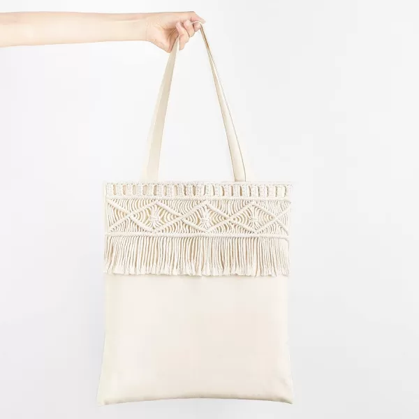Mkono Canvas Tote Bag for Women Boho Aesthetic Shoulder Handbag with Macrame Fringe Reusable Shopping Bag Lightweight Unique Gift Bag Cute Tote Bag for Work Beach Travel Holiday