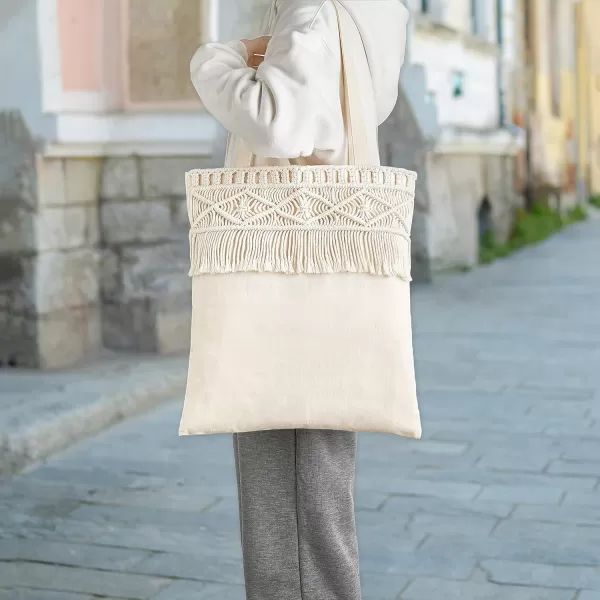 Mkono Canvas Tote Bag for Women Boho Aesthetic Shoulder Handbag with Macrame Fringe Reusable Shopping Bag Lightweight Unique Gift Bag Cute Tote Bag for Work Beach Travel Holiday