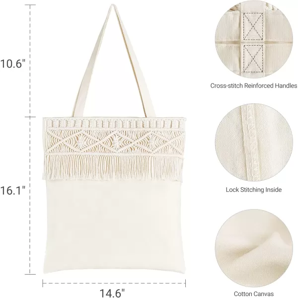 Mkono Canvas Tote Bag for Women Boho Aesthetic Shoulder Handbag with Macrame Fringe Reusable Shopping Bag Lightweight Unique Gift Bag Cute Tote Bag for Work Beach Travel Holiday