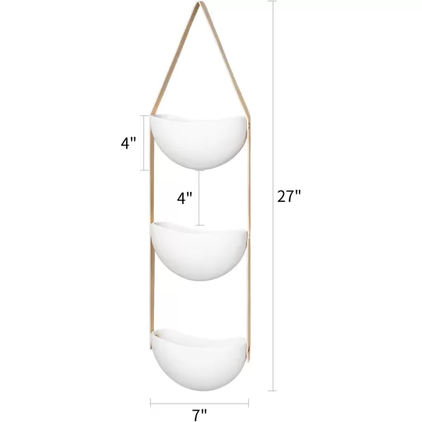 Mkono Ceramic Wall Planter 3 Tier Hanging Succulent Herb Planter for Indoor Plants 7 Inch Half Moon Flower Pot with Leather Strap Modern Vertical Garden for Air Plants Live or Faux Plants Home Decor