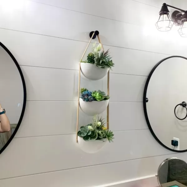 Mkono Ceramic Wall Planter 3 Tier Hanging Succulent Herb Planter for Indoor Plants 7 Inch Half Moon Flower Pot with Leather Strap Modern Vertical Garden for Air Plants Live or Faux Plants Home Decor