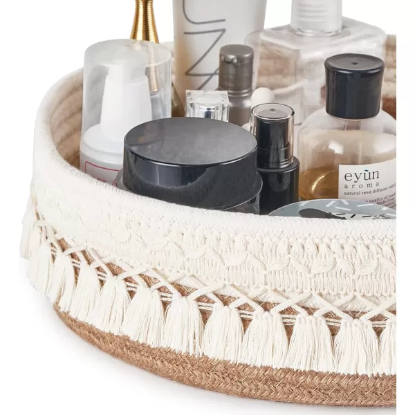 Mkono Makeup Perfume Holder Organizer Macrame Decorative Woven Rope Basket Boho Decor Cosmetics Desk Storage Baskets for Dresser Skin Care Lotions Essential Oils Dorm Room EssentialsYellow and White