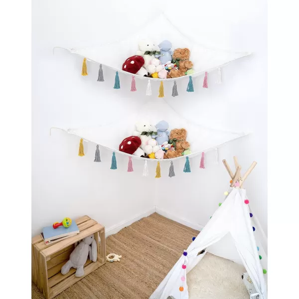 Mkono Stuffed Animal Toys Hammock Boho Hanging Stuff Animals Storage Organizer with Decorative Tassels Corner Large Capability Toy Net Holder for Nursery Playroom Kids Room Bedroom 2 Pieces Small