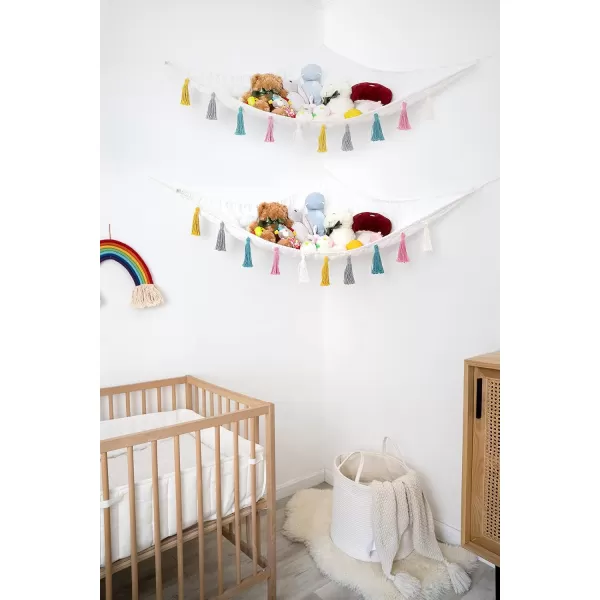 Mkono Stuffed Animal Toys Hammock Boho Hanging Stuff Animals Storage Organizer with Decorative Tassels Corner Large Capability Toy Net Holder for Nursery Playroom Kids Room Bedroom 2 Pieces Small