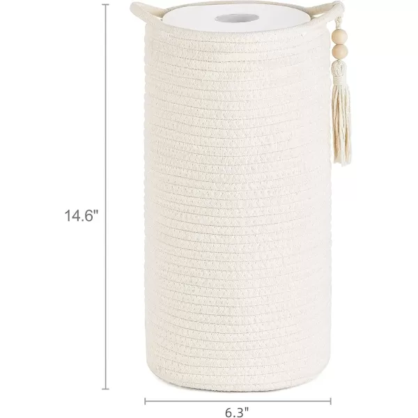 Mkono Woven Toilet Paper Holder Boho Basket for Toilet Paper Storage Bathroom Decor Toilet Roll Holder Stand with Wooden Beads for 3 Spare Rolls Cotton Rope Toilet Paper Organizer Basket with Handle