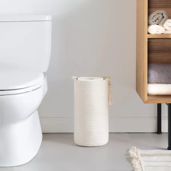 Mkono Woven Toilet Paper Holder Boho Basket for Toilet Paper Storage Bathroom Decor Toilet Roll Holder Stand with Wooden Beads for 3 Spare Rolls Cotton Rope Toilet Paper Organizer Basket with Handle