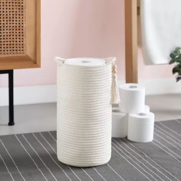 Mkono Woven Toilet Paper Holder Boho Basket for Toilet Paper Storage Bathroom Decor Toilet Roll Holder Stand with Wooden Beads for 3 Spare Rolls Cotton Rope Toilet Paper Organizer Basket with Handle