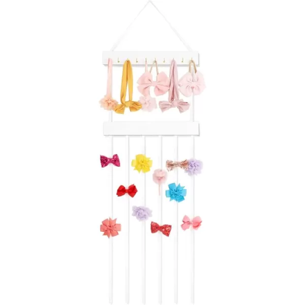 Mkono Bow Organizer for Girls Hair Bows Hanging Bow Holder Hair Clip Headband Storage Rack with 10 Hooks Modern Wooden Kids Hair Accessories Organizer for Baby Girl Room Decor White
