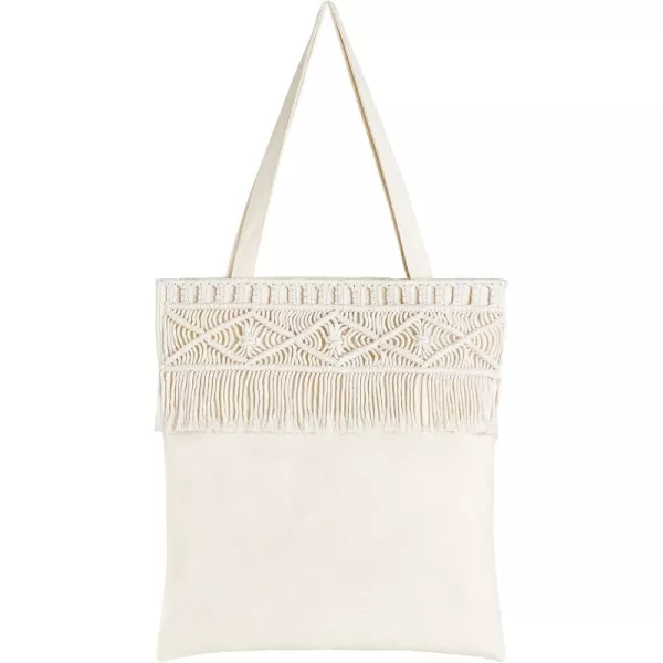 Mkono Canvas Tote Bag for Women Boho Aesthetic Shoulder Handbag with Macrame Fringe Reusable Shopping Bag Lightweight Unique Gift Bag Cute Tote Bag for Work Beach Travel Holiday