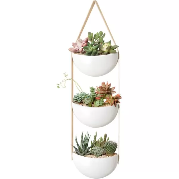 Mkono Ceramic Wall Planter 3 Tier Hanging Succulent Herb Planter for Indoor Plants 7 Inch Half Moon Flower Pot with Leather Strap Modern Vertical Garden for Air Plants Live or Faux Plants Home Decor