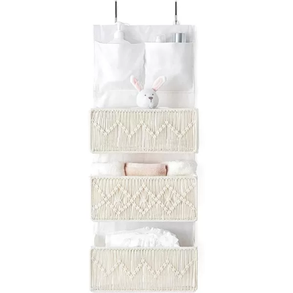 Mkono Macrame Over The Door Organizer Boho Storage Decor with 3 Woven Pockets Bedroom Closet Door Hanging Organizer for Baby Nursery Bathroom Pantry Dorm Kids Toys Diapers Ivory
