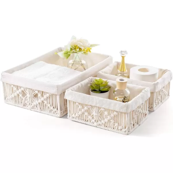 Mkono Macrame Storage Baskets Decor with Removable Cloth Liner Boho Storage Bins Handmade Woven Decorative Countertop Shelf Cabinet Organizer for Bedroom Nursery Living Room Set of 3