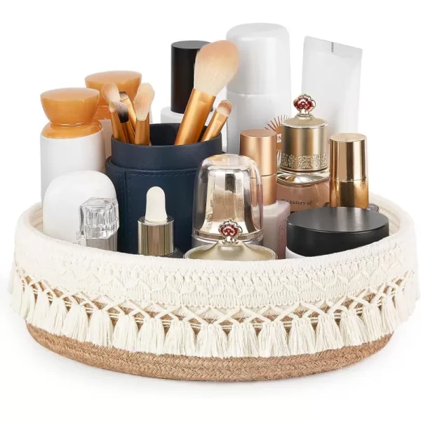 Mkono Makeup Perfume Holder Organizer Macrame Decorative Woven Rope Basket Boho Decor Cosmetics Desk Storage Baskets for Dresser Skin Care Lotions Essential Oils Dorm Room EssentialsYellow and White