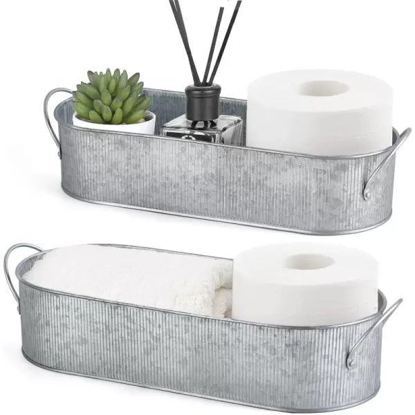 Mkono Metal Storage Basket for Toilet Tank Top Bathroom Decor Galvanized Tray with Handle for Shelves Farmhouse Toilet Paper Holder Organizing Bin Box for Countertop Living Room Set of 2 Silver