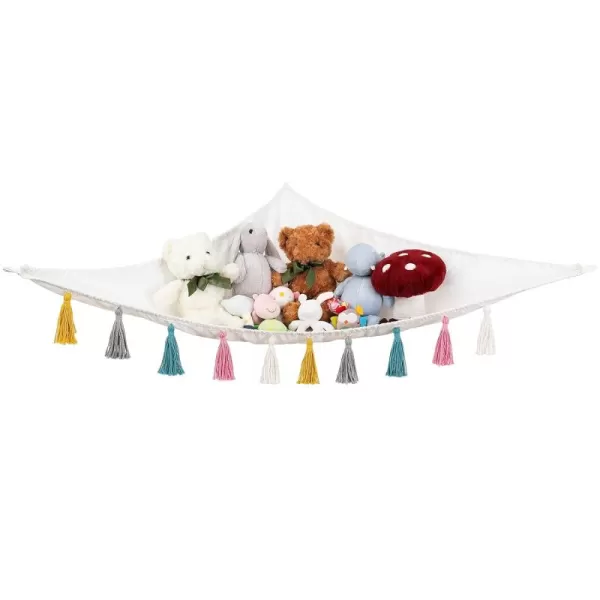Mkono Stuffed Animal Toy Hammock Hanging Macrame Stuff Animals Organizer Storage with Colorful Tassels Boho Large Corner Plush Toys Net Holder for Nursery Play Room Bedroom Kid Room Small PinkWhite